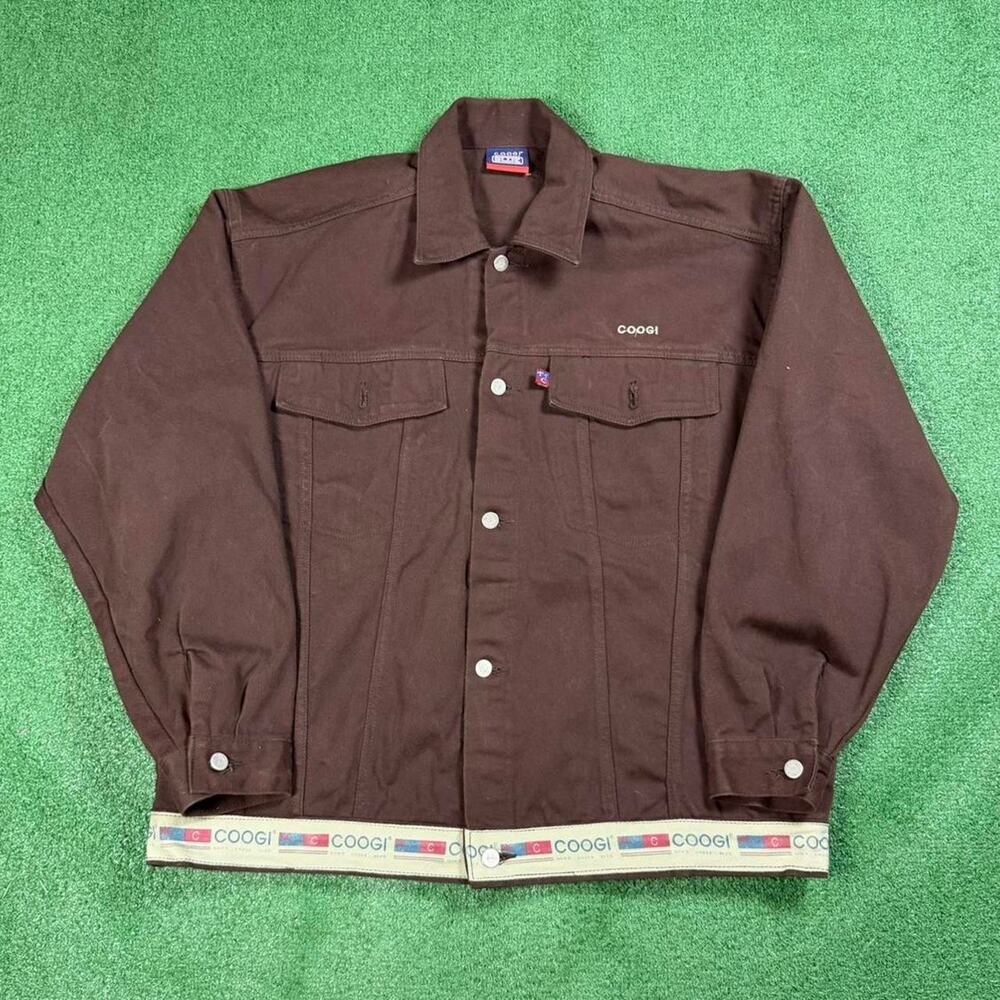 Coogi Brown Denim Jacket Mens XL Vintage Streetwear Trucker Coat Embroidered Y2K